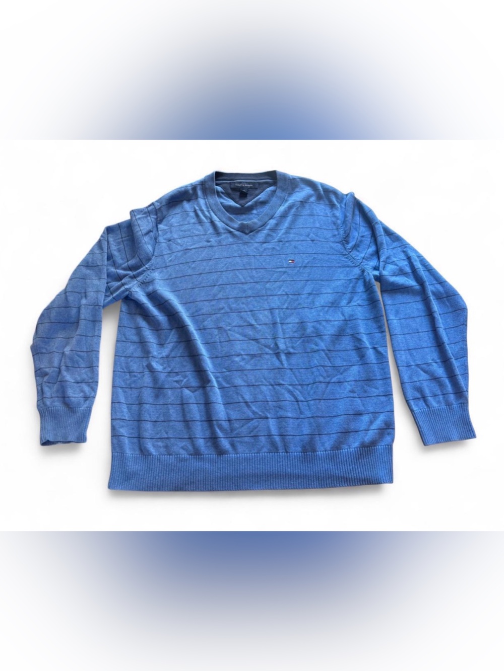 Tommy Hilfiger Light Blue V-Neck Men's Sweater with Subtle Stripes